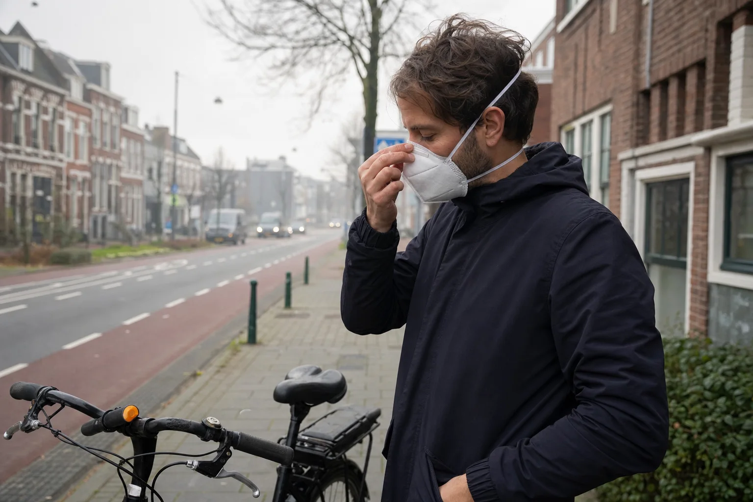 Fietser met een wit opvouwbaar FFP2-masker langs een drukke stadsweg