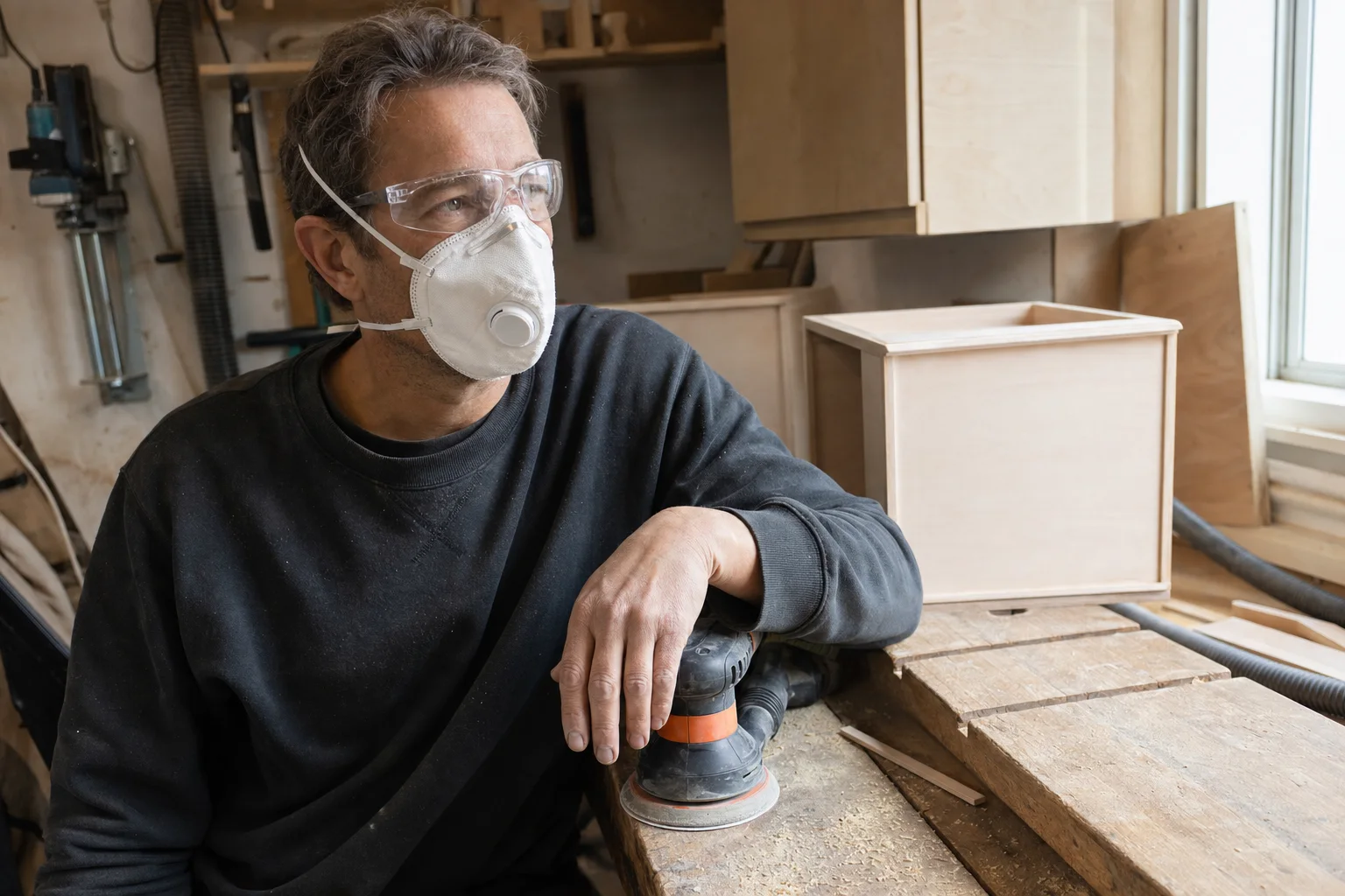 Vakman in een werkplaats met een wit FFP2-masker met uitademventiel