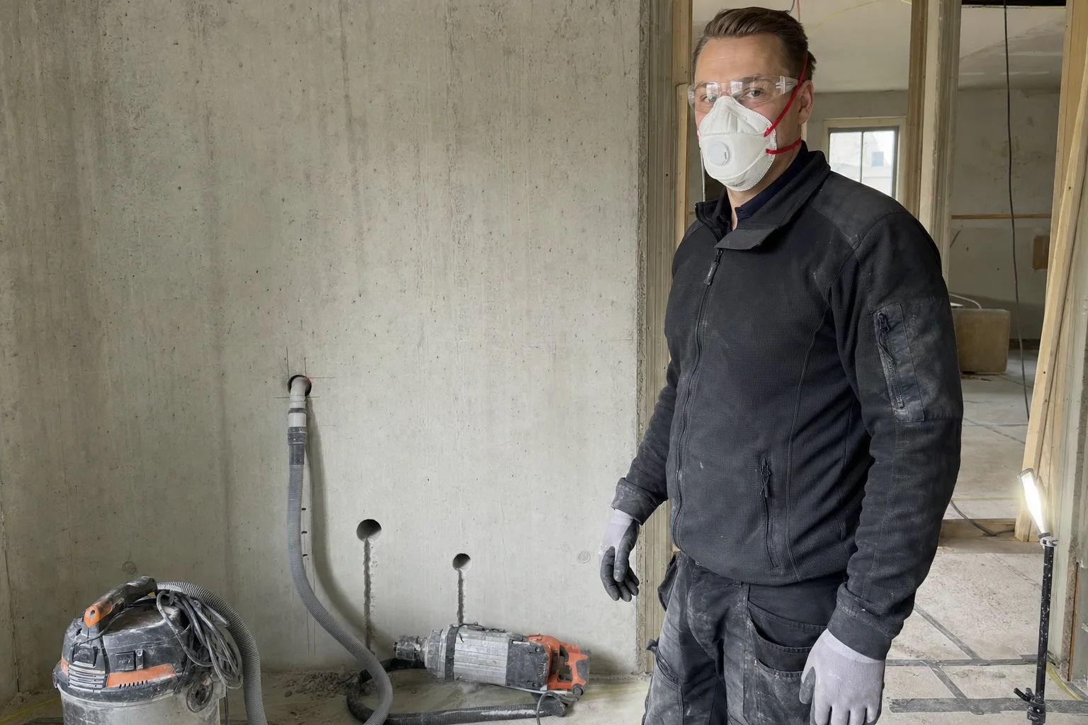 Vakman bij betonwerk met een wit FFP3-masker en bronafzuiging