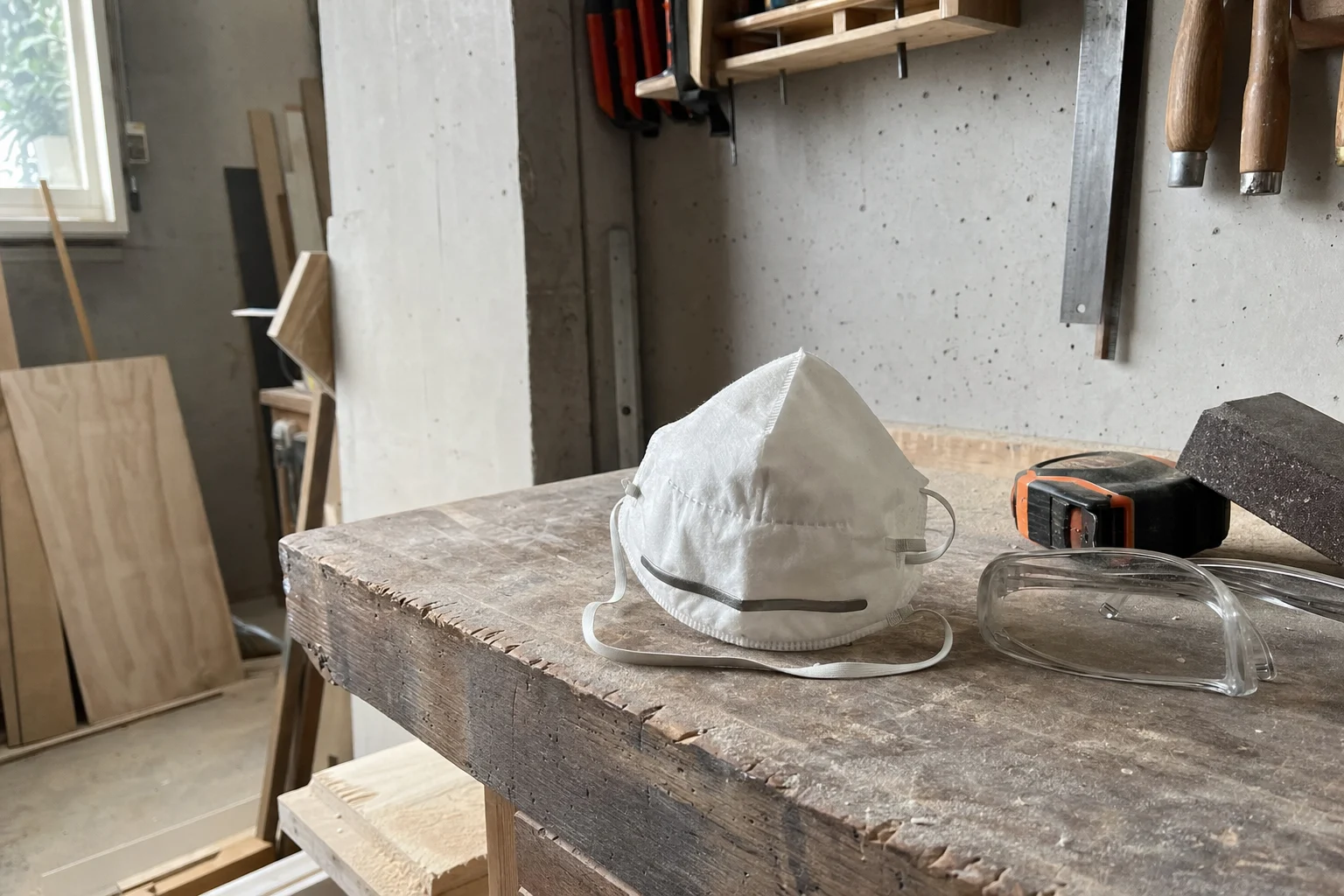 Stofmaskers en gereedschap op een gebruikte houten werkbank